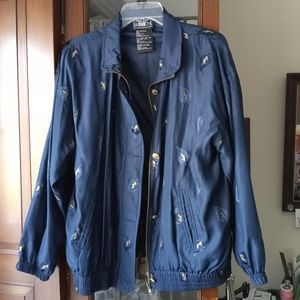 Abvien Silk Jacket Blue Gold Leaf Pattern Full Zip Windbreaker Vintage  /B1